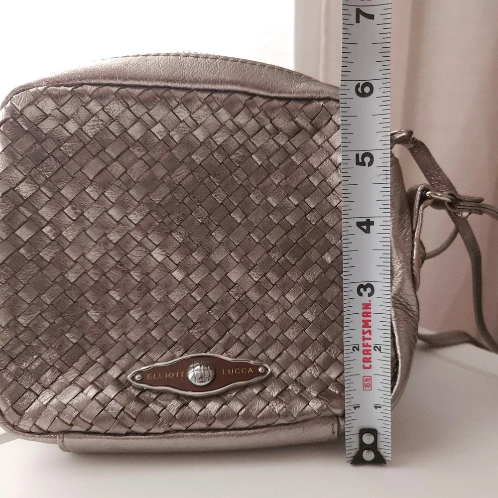 Elliott Lucca Woven Metallic Leather Crossbody Bag Pewter Silver Small Purse